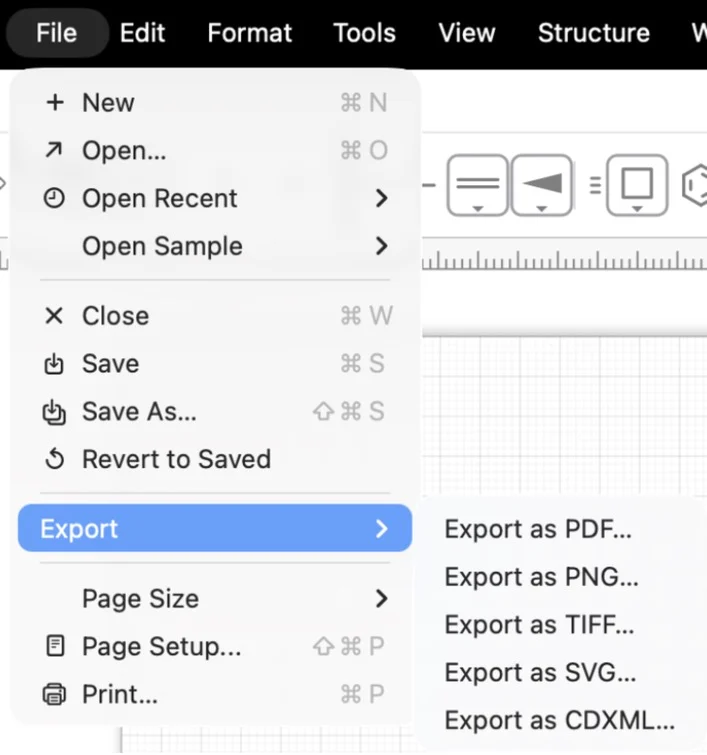 The File, Export submenu with PDF, PNG, TIFF, SVG and CDXML