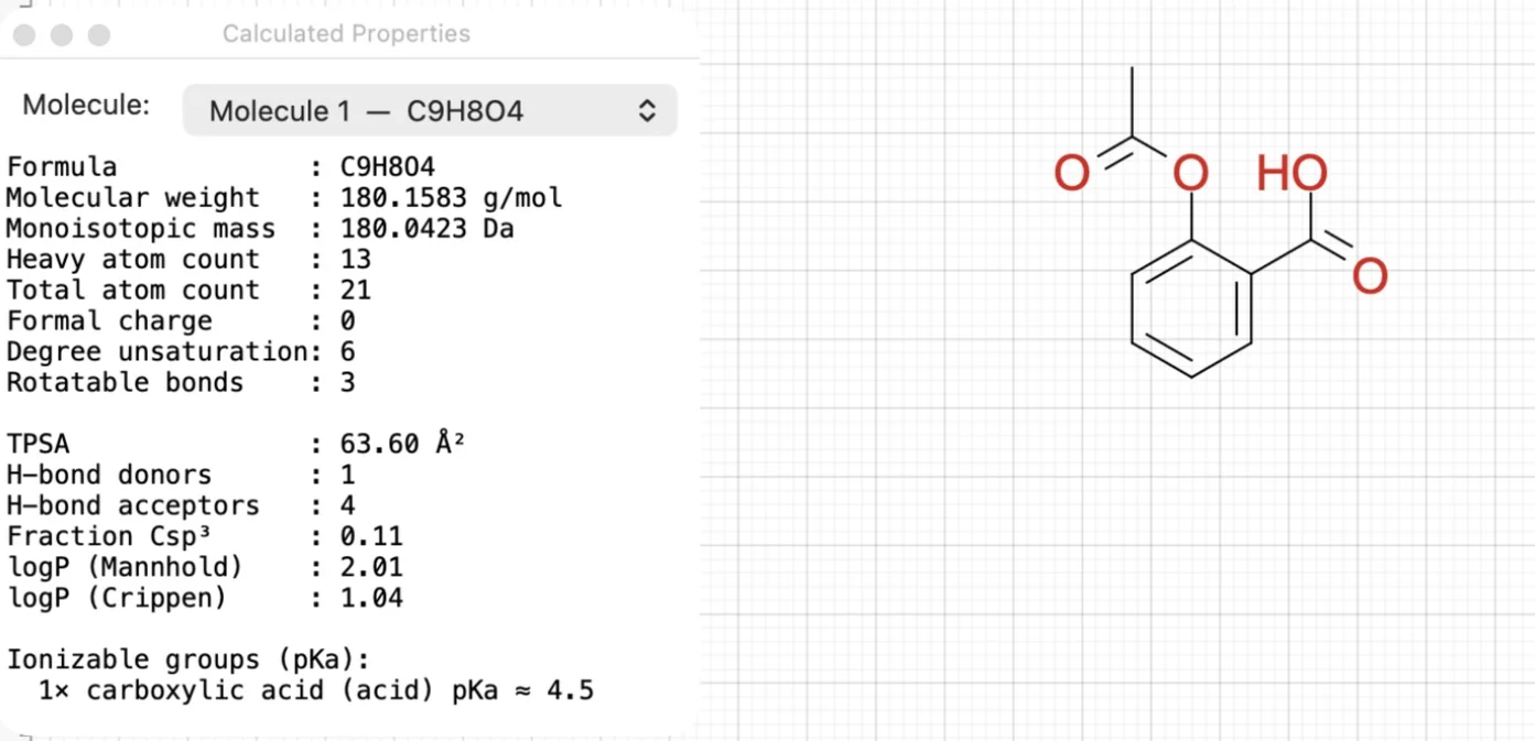 The Calculated Properties window beside a drawing of aspirin