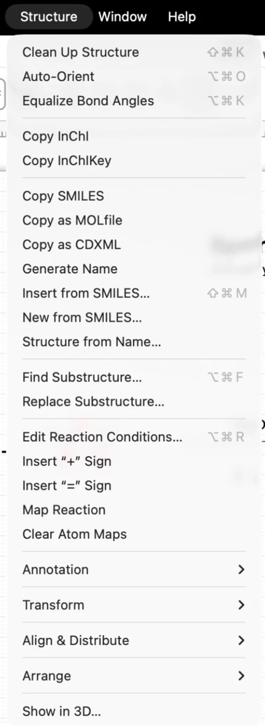 The Structure menu with Copy InChI, Copy InChIKey and Copy SMILES
